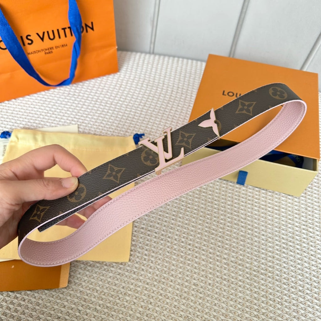 LOUIS VUITTON Pretty LV 30mm Reversible Belt Pink Gold Buckle Pink Brown Leather