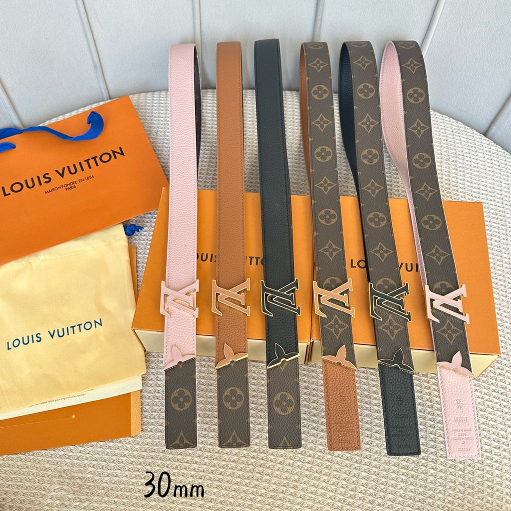LOUIS VUITTON Pretty LV 30mm Reversible Belt Pink Gold Buckle Pink Brown Leather