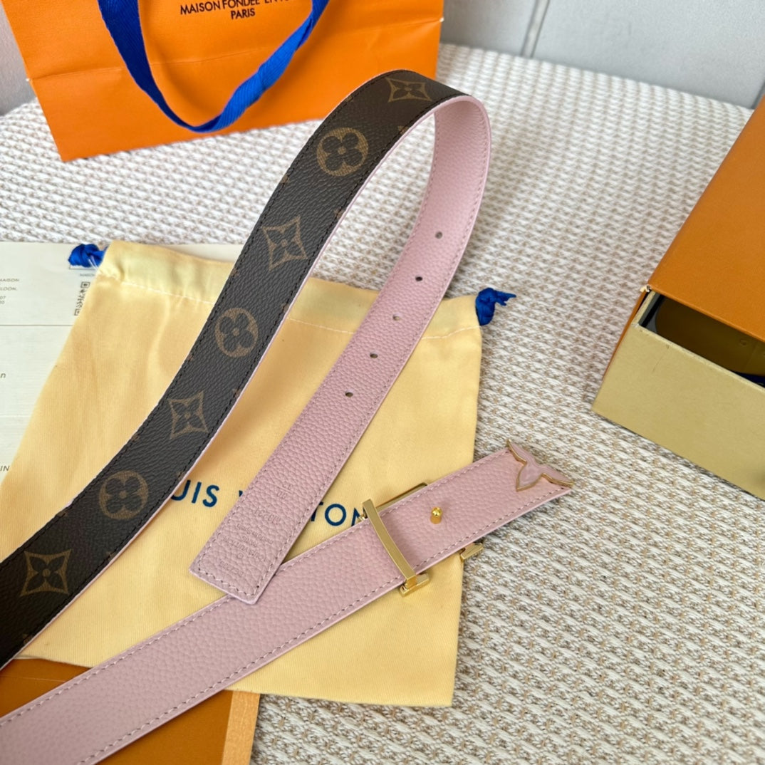 LOUIS VUITTON Pretty LV 30mm Reversible Belt Pink Gold Buckle Pink Brown Leather