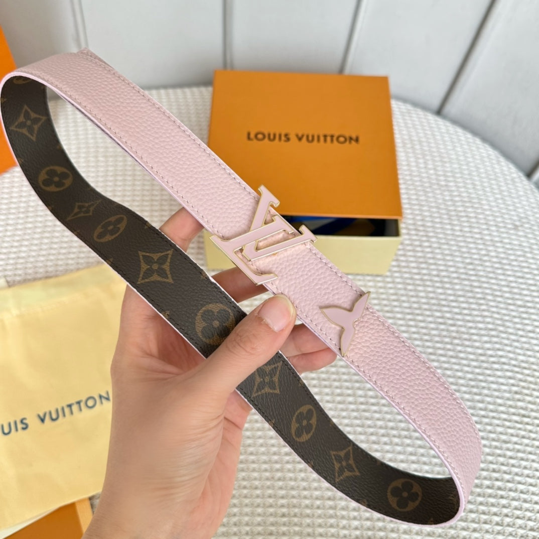 LOUIS VUITTON Pretty LV 30mm Reversible Belt Pink Gold Buckle Pink Brown Leather