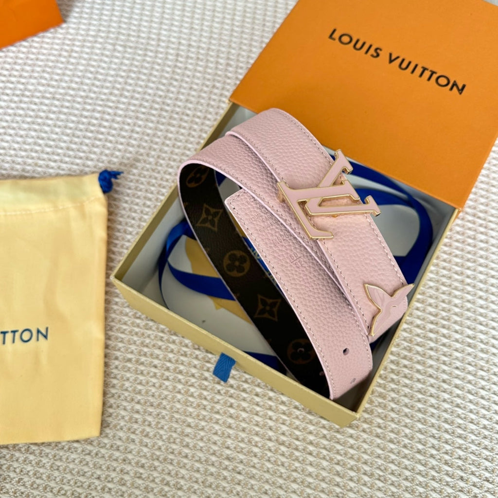 LOUIS VUITTON Pretty LV 30mm Reversible Belt Pink Gold Buckle Pink Brown Leather