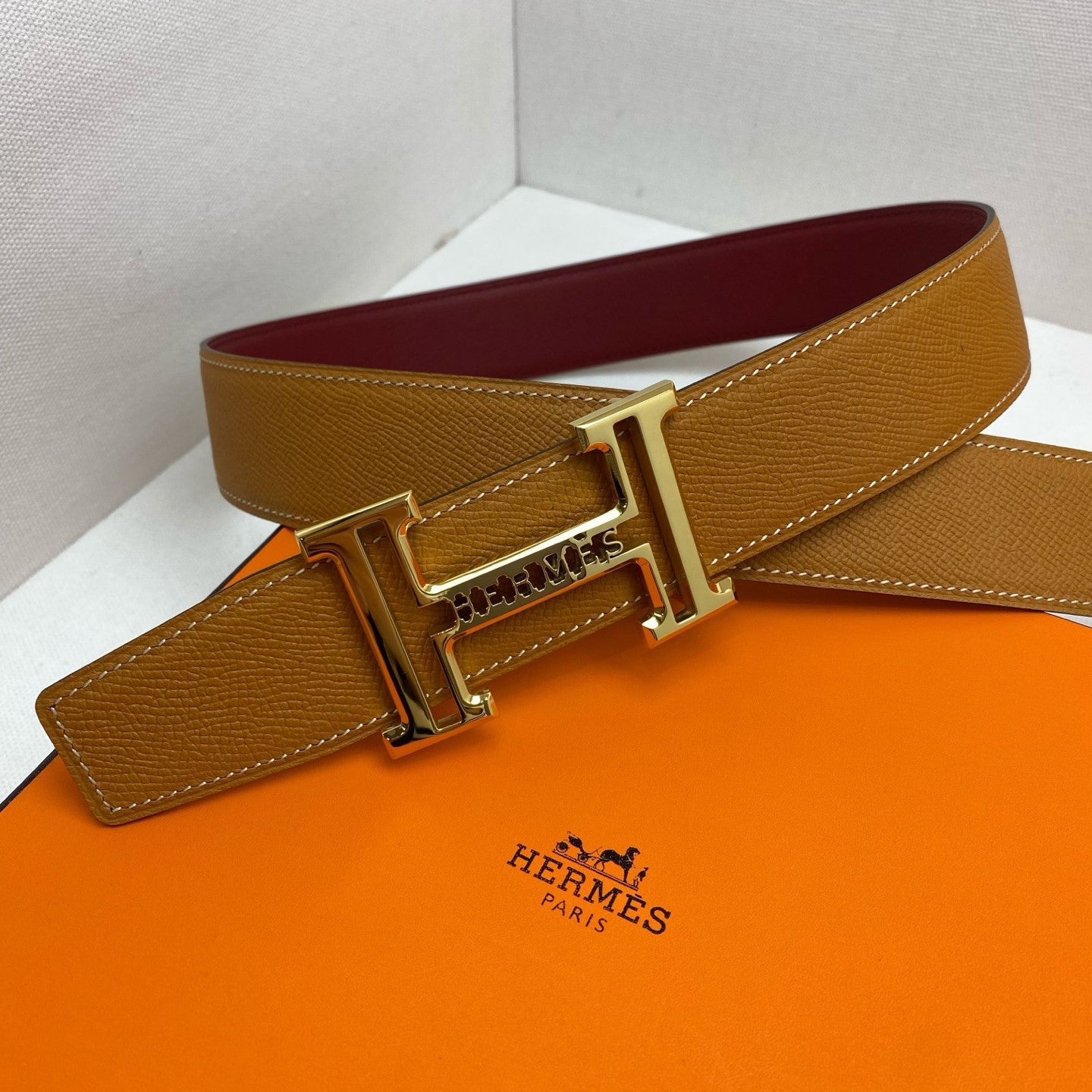 HM 3.8 Double-Sided Belt Red Brown Gold Epsom Leather 200505 |Hermès belt