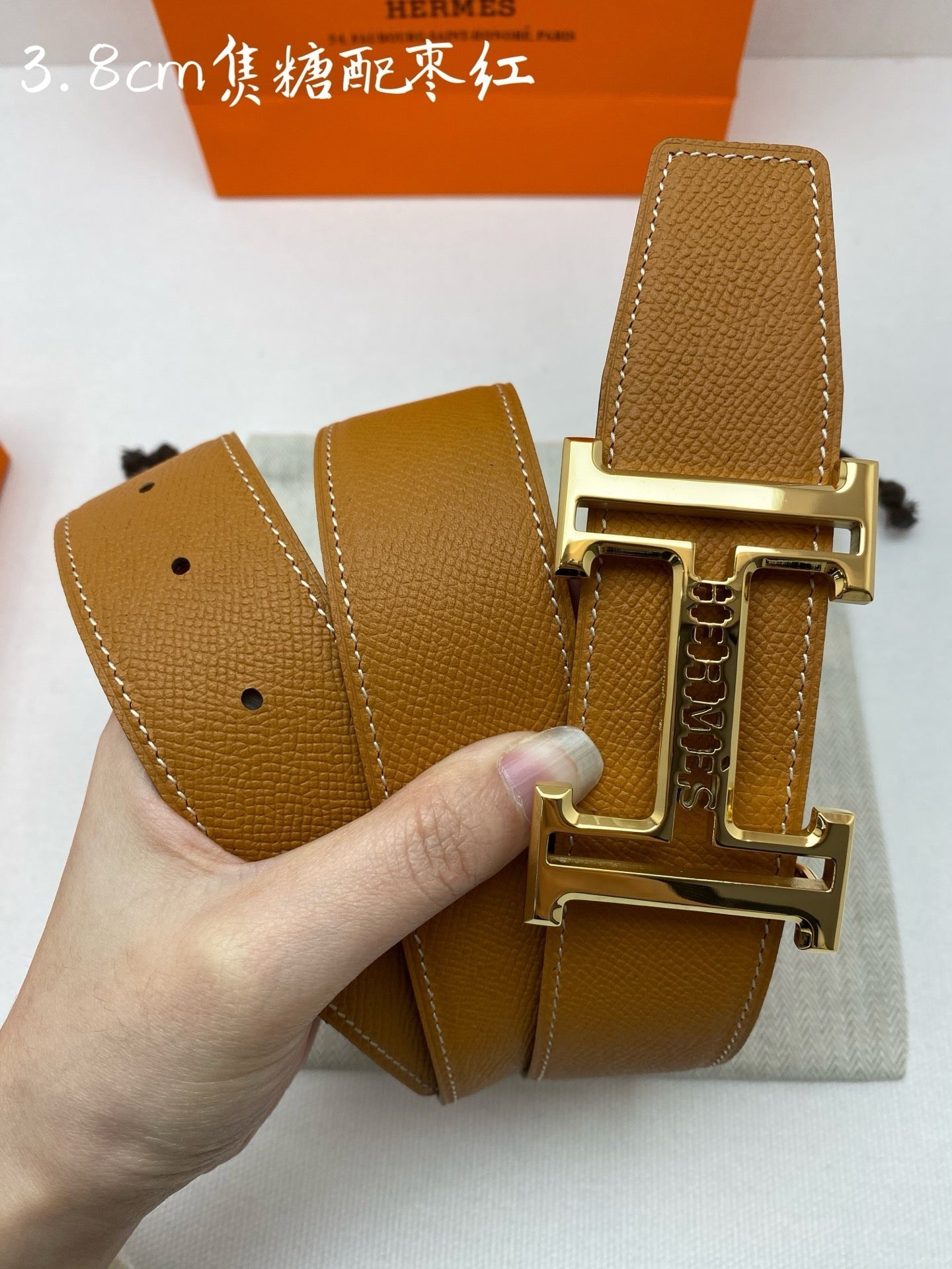 HM 3.8 Double-Sided Belt Red Brown Gold Epsom Leather 200505 |Hermès belt