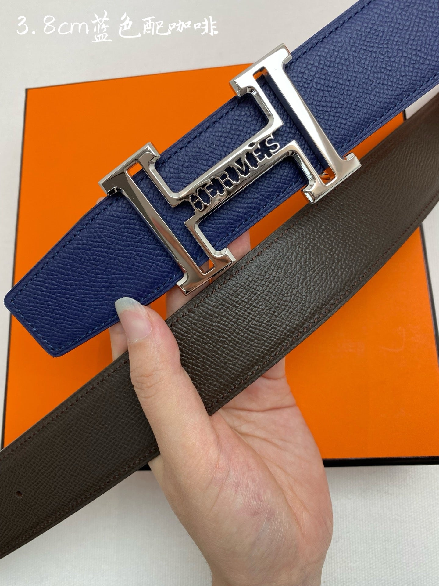 HM 3.8 Double-Sided Belt Black Dark Blue Gold Epsom Leather 200504 | Hermès belt
