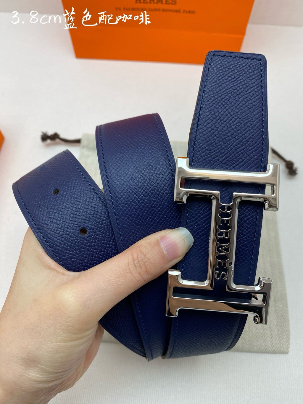 HM 3.8 Double-Sided Belt Black Dark Blue Gold Epsom Leather 200504 | Hermès belt