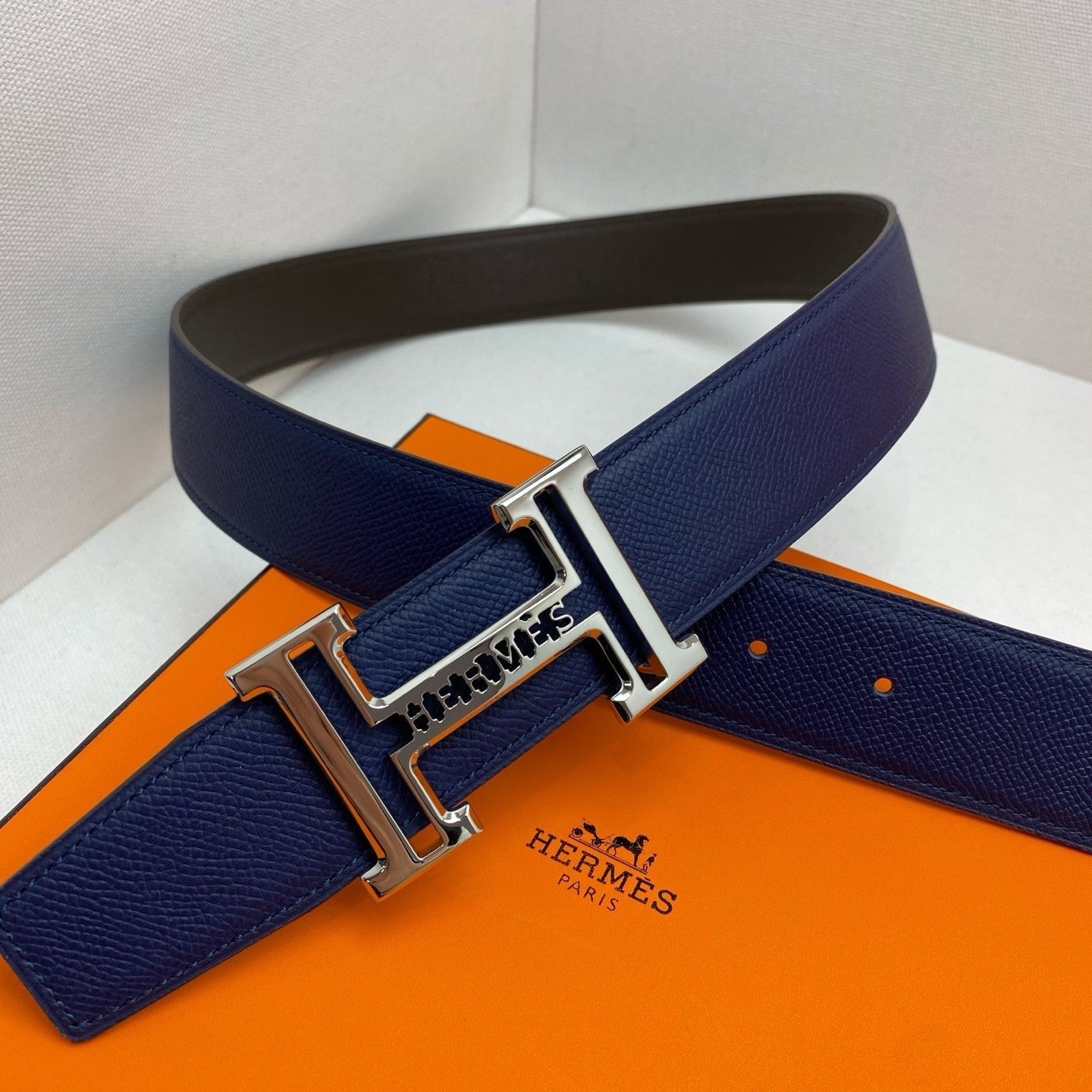 HM 3.8 Double-Sided Belt Black Dark Blue Gold Epsom Leather 200504 | Hermès belt