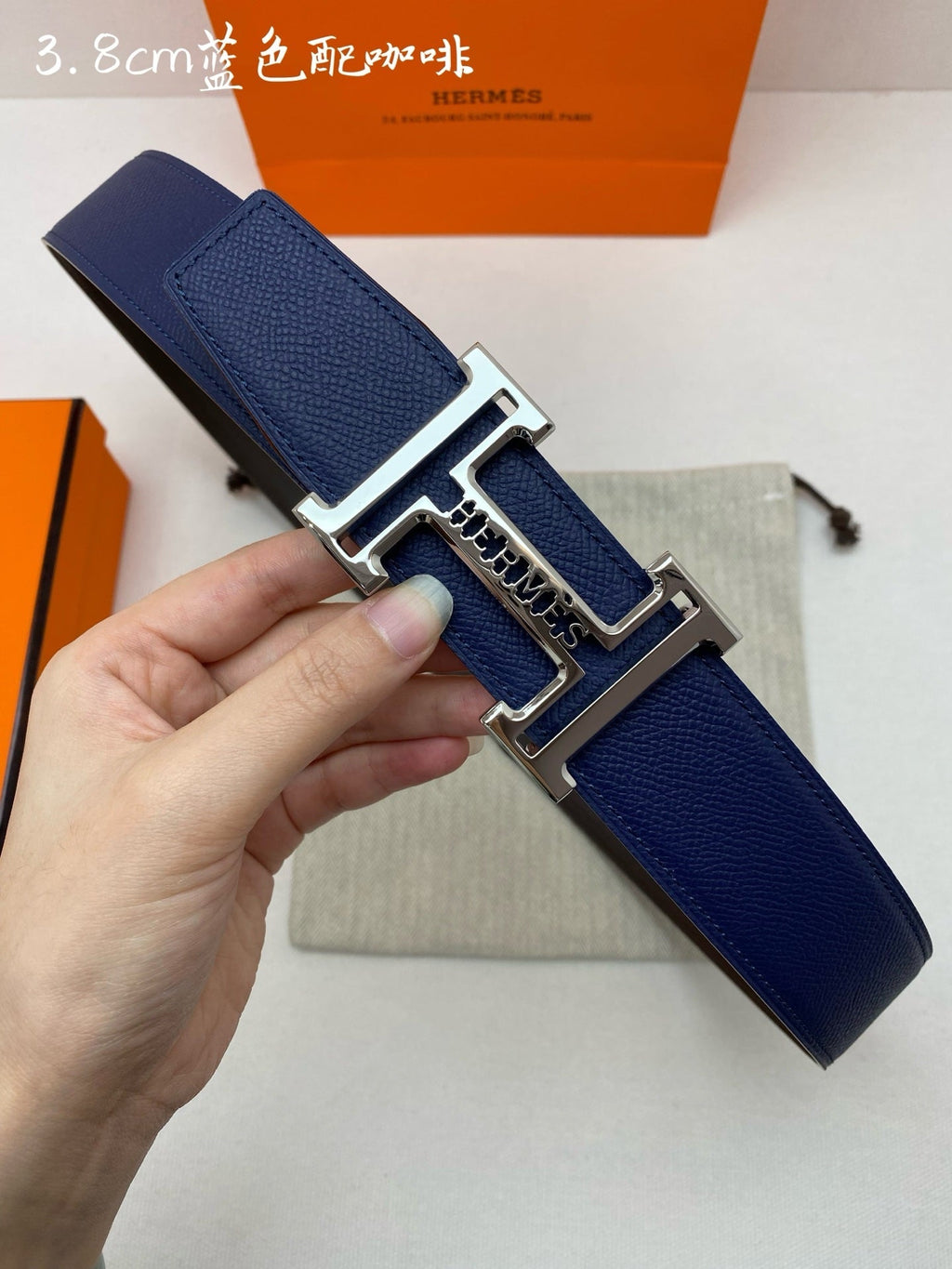 HM 3.8 Double-Sided Belt Black Dark Blue Gold Epsom Leather 200504 | Hermès belt