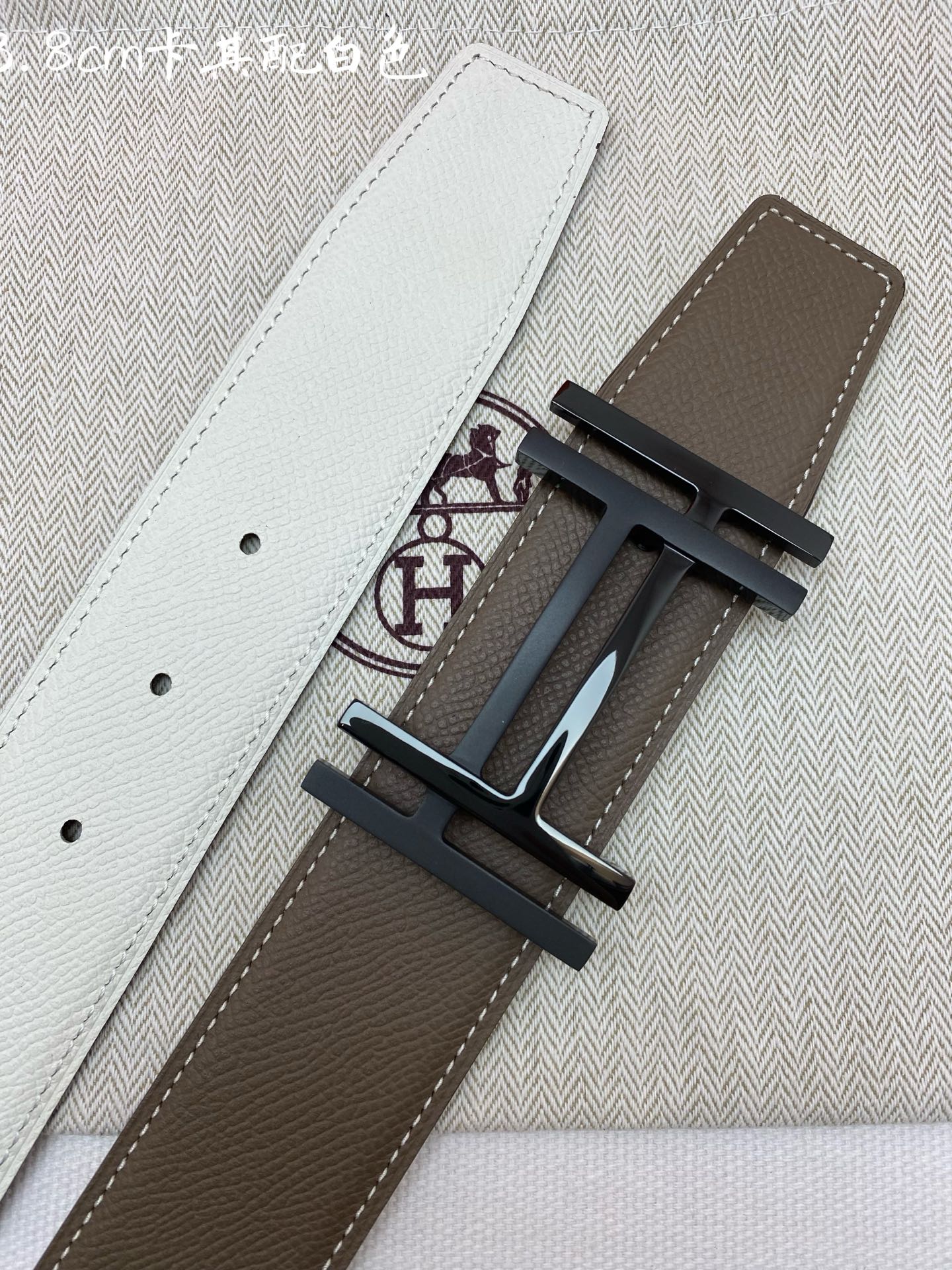 HM 3.8 Double-Sided Au Carre Belt Taupe White Epsom|Hermès belt