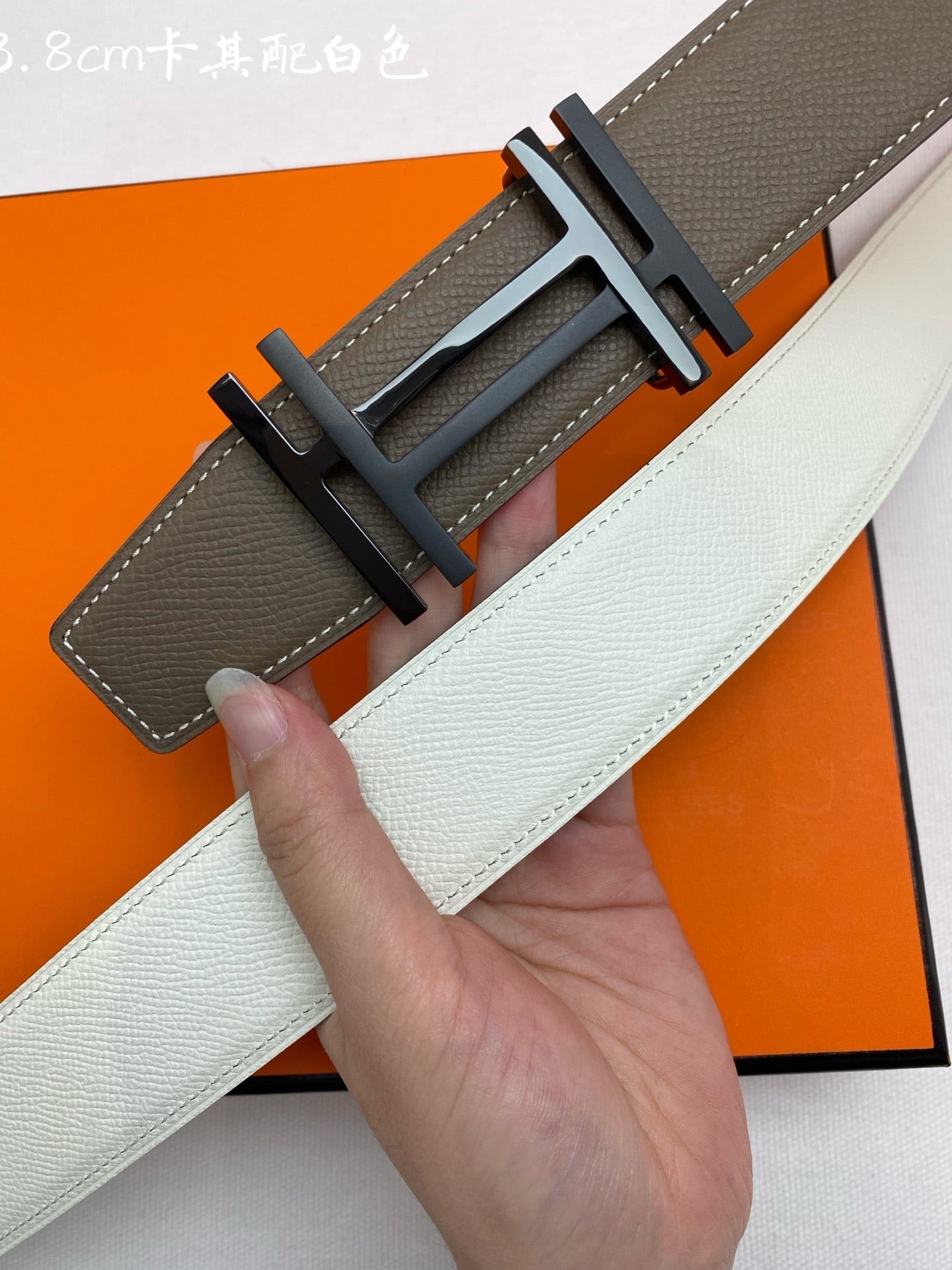 HM 3.8 Double-Sided Au Carre Belt Taupe White Epsom|Hermès belt