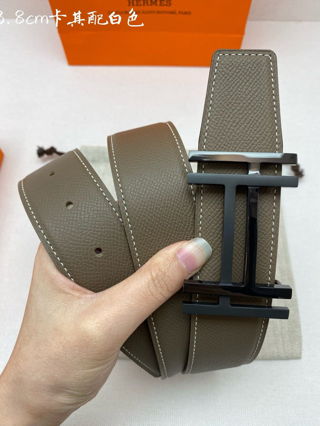 HM 3.8 Double-Sided Au Carre Belt Taupe White Epsom|Hermès belt