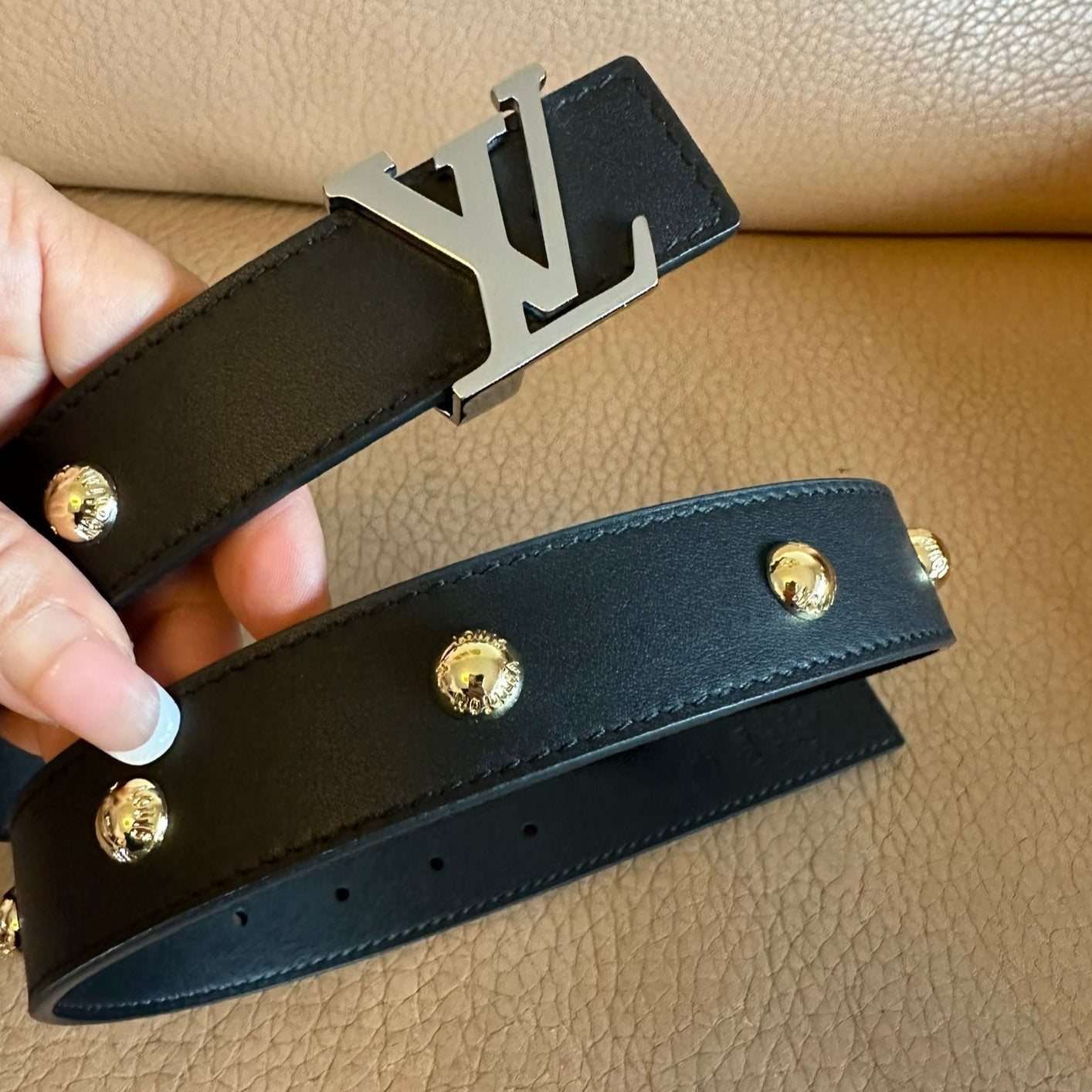LOUIS VUITTON LV Initiales Studs 30mm Reversible Belt Silver Buckle Black Leather