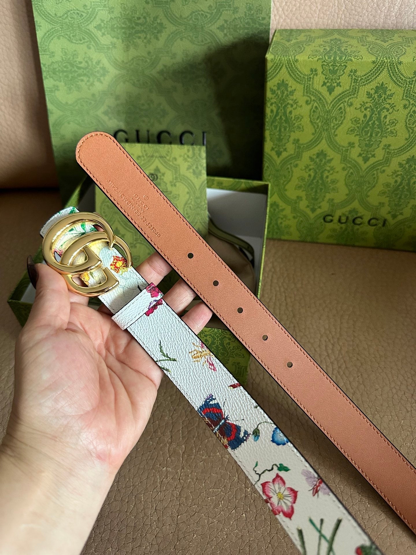GG Marmont Reversible Belt 3.0cm Flora Print White Leather