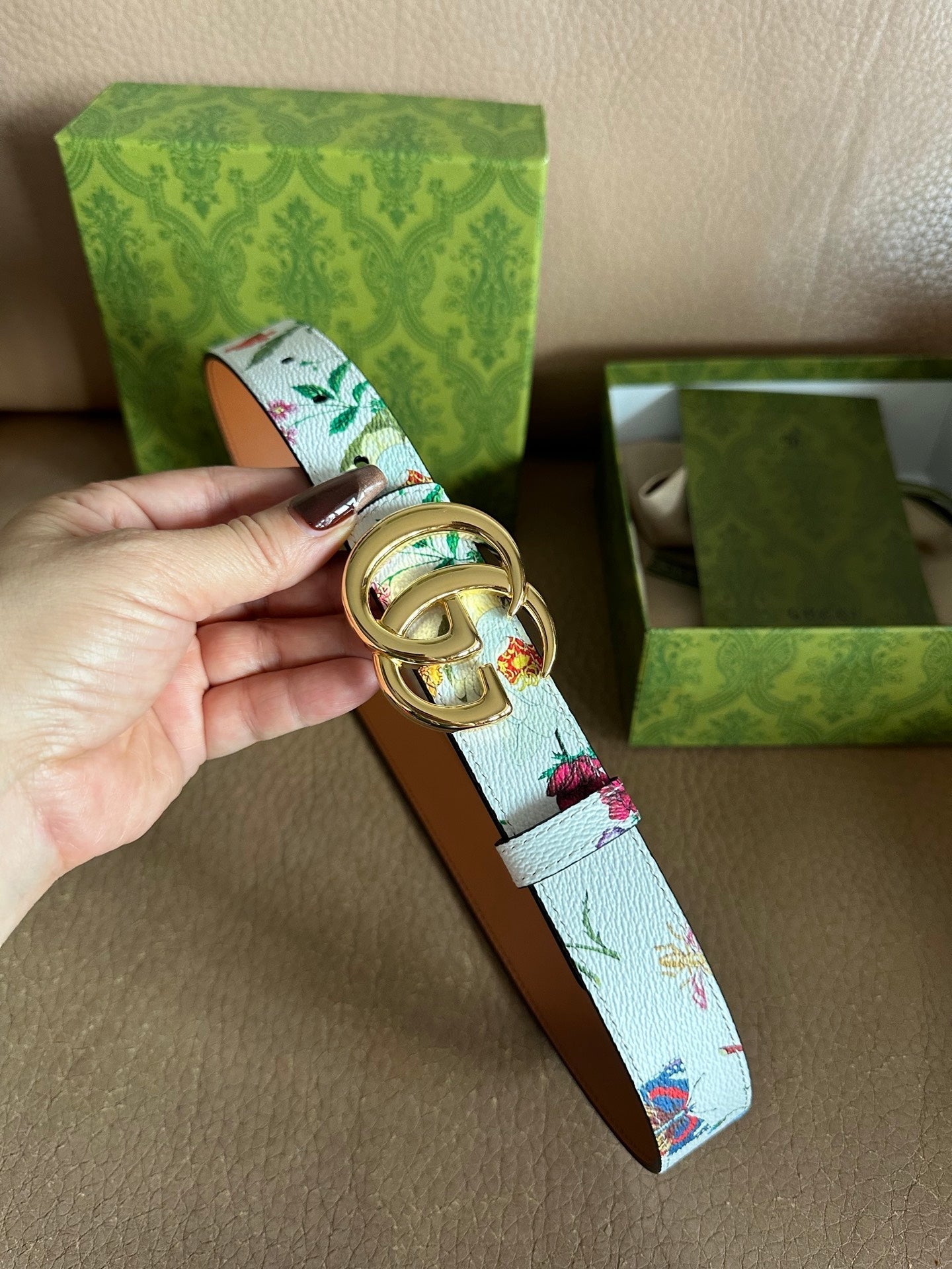 GG Marmont Reversible Belt 3.0cm Flora Print White Leather