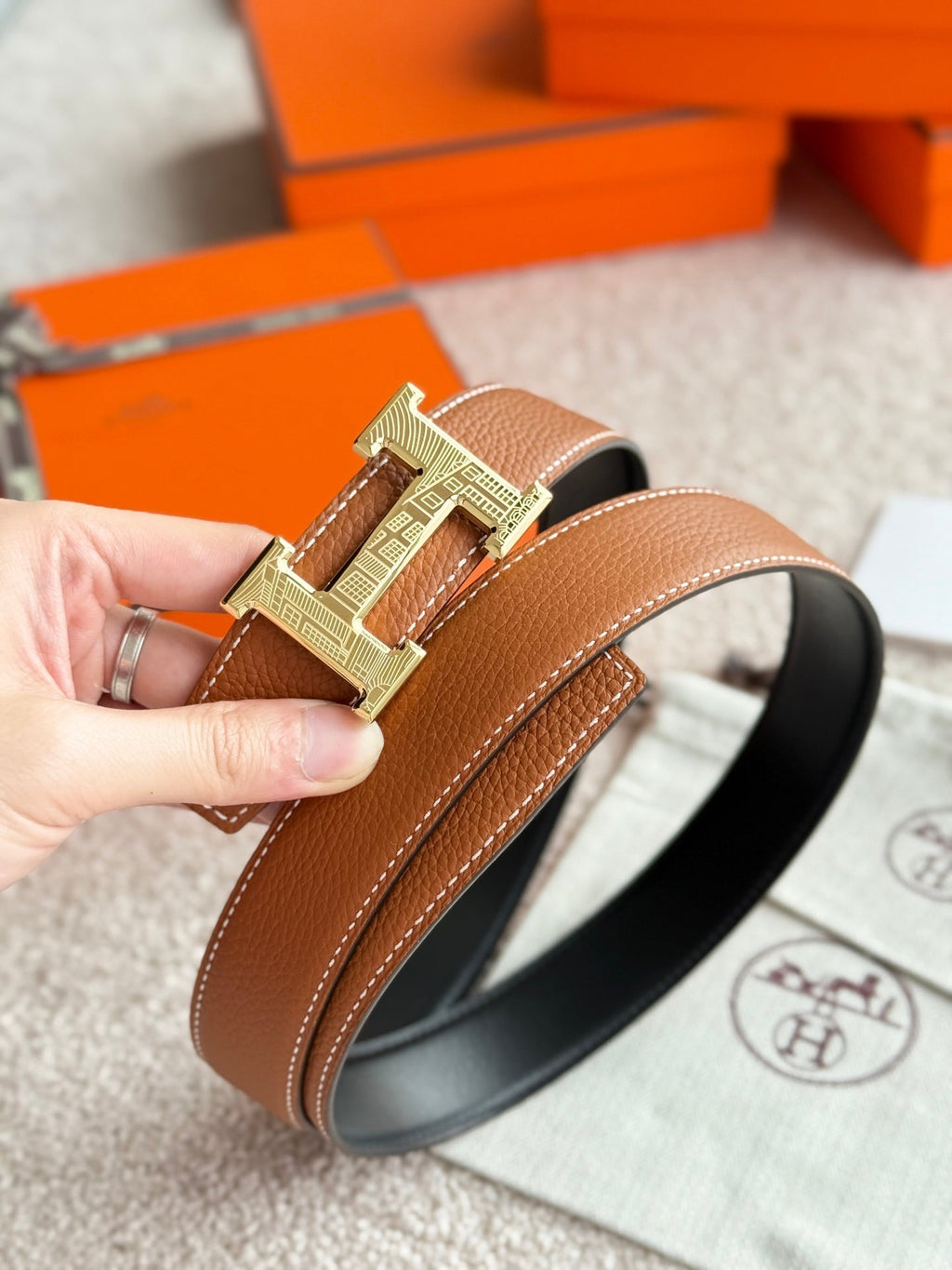 HM Gold H 5382 Faubourg Buckle Belt 32mm Brown Leather 187599|Hermès belt