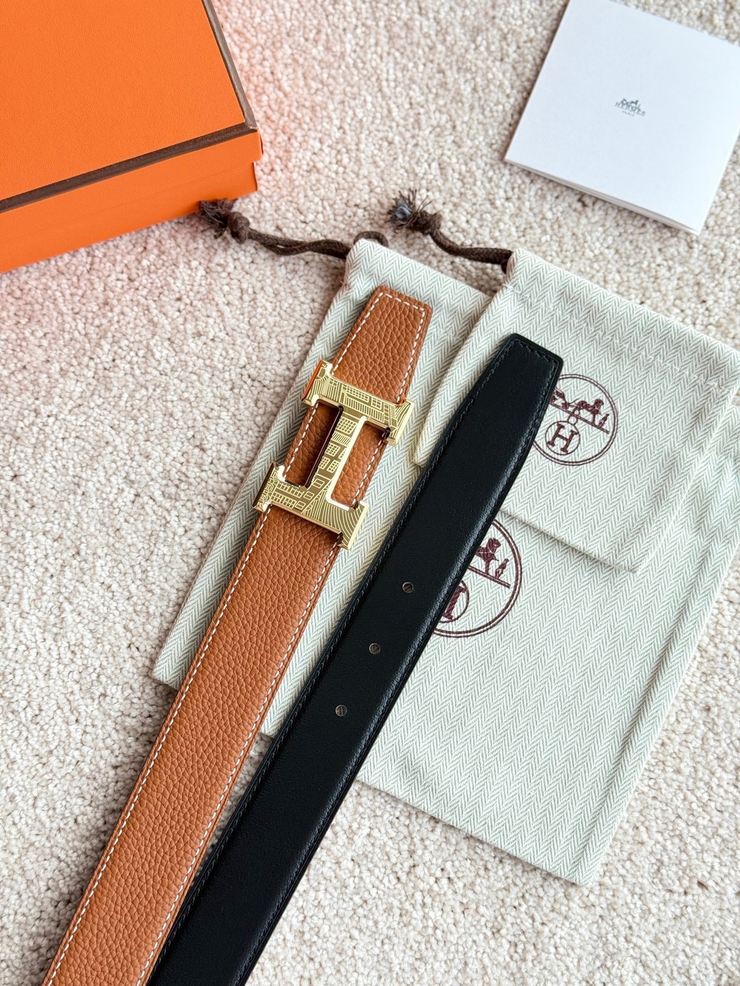 HM Gold H 5382 Faubourg Buckle Belt 32mm Brown Leather 187599|Hermès belt
