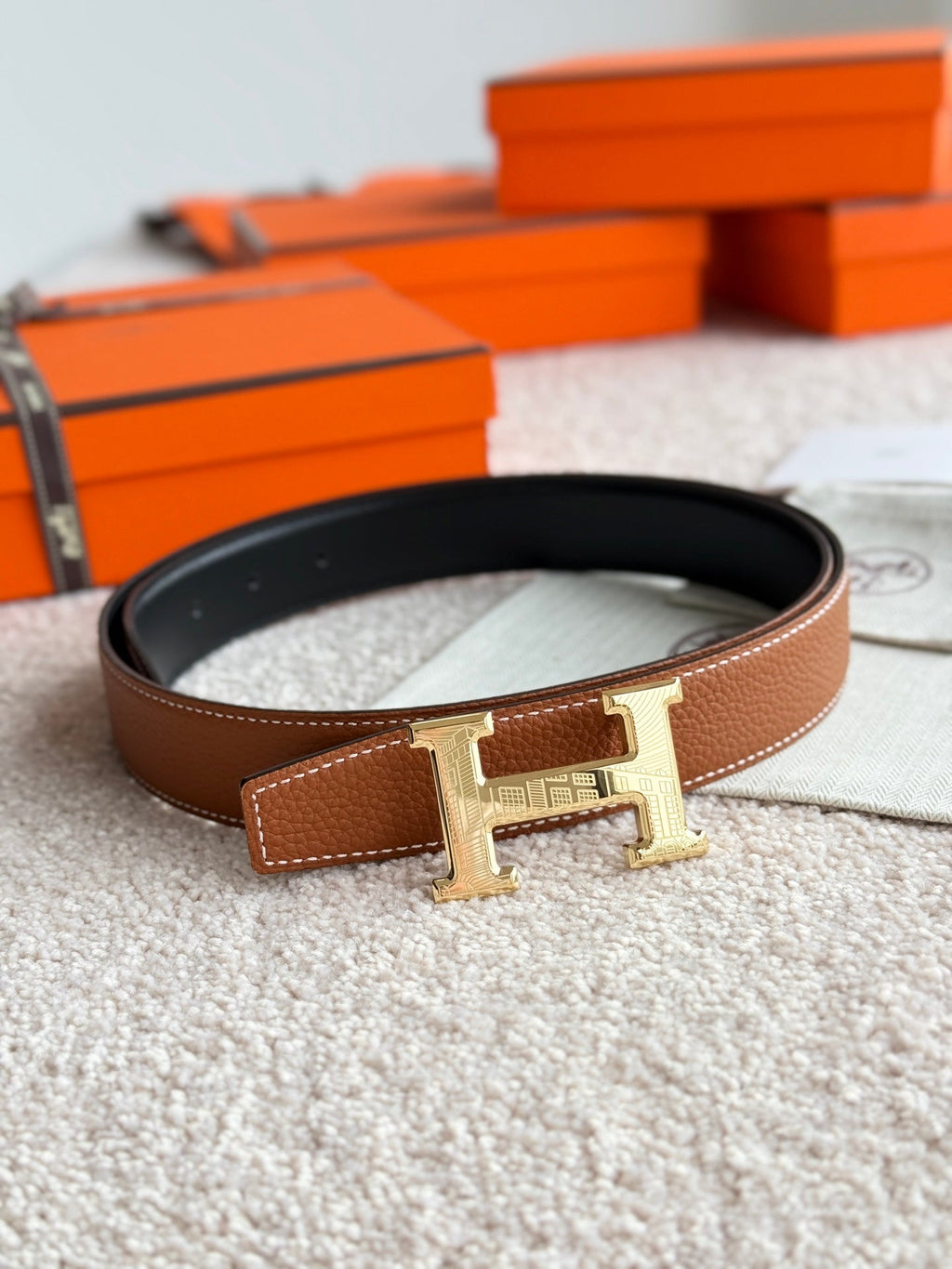 HM Gold H 5382 Faubourg Buckle Belt 32mm Brown Leather 187599|Hermès belt
