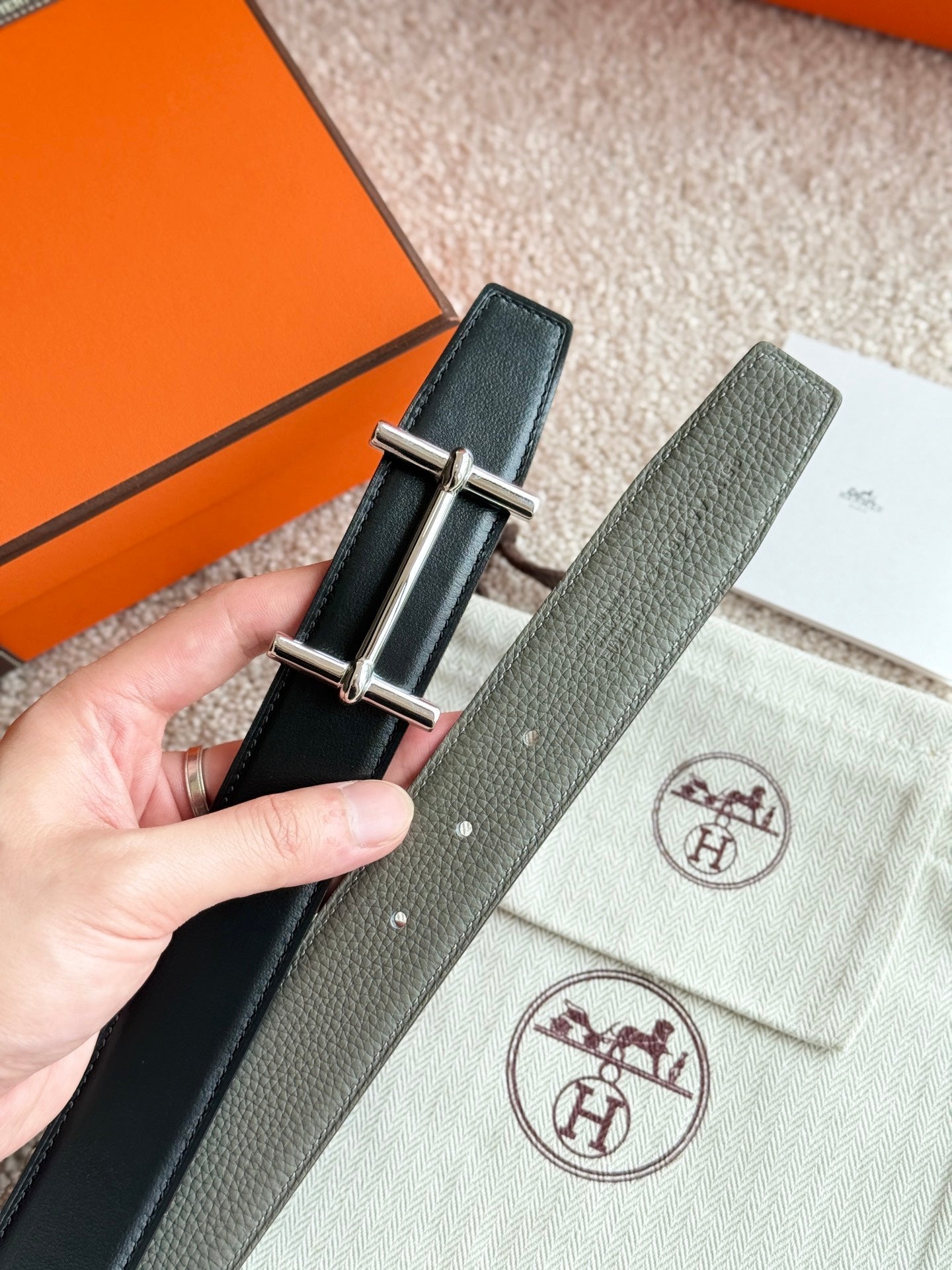 HM Silver H d'Ancre Belt Meyer Gray Leather 187775 |Hermès belt