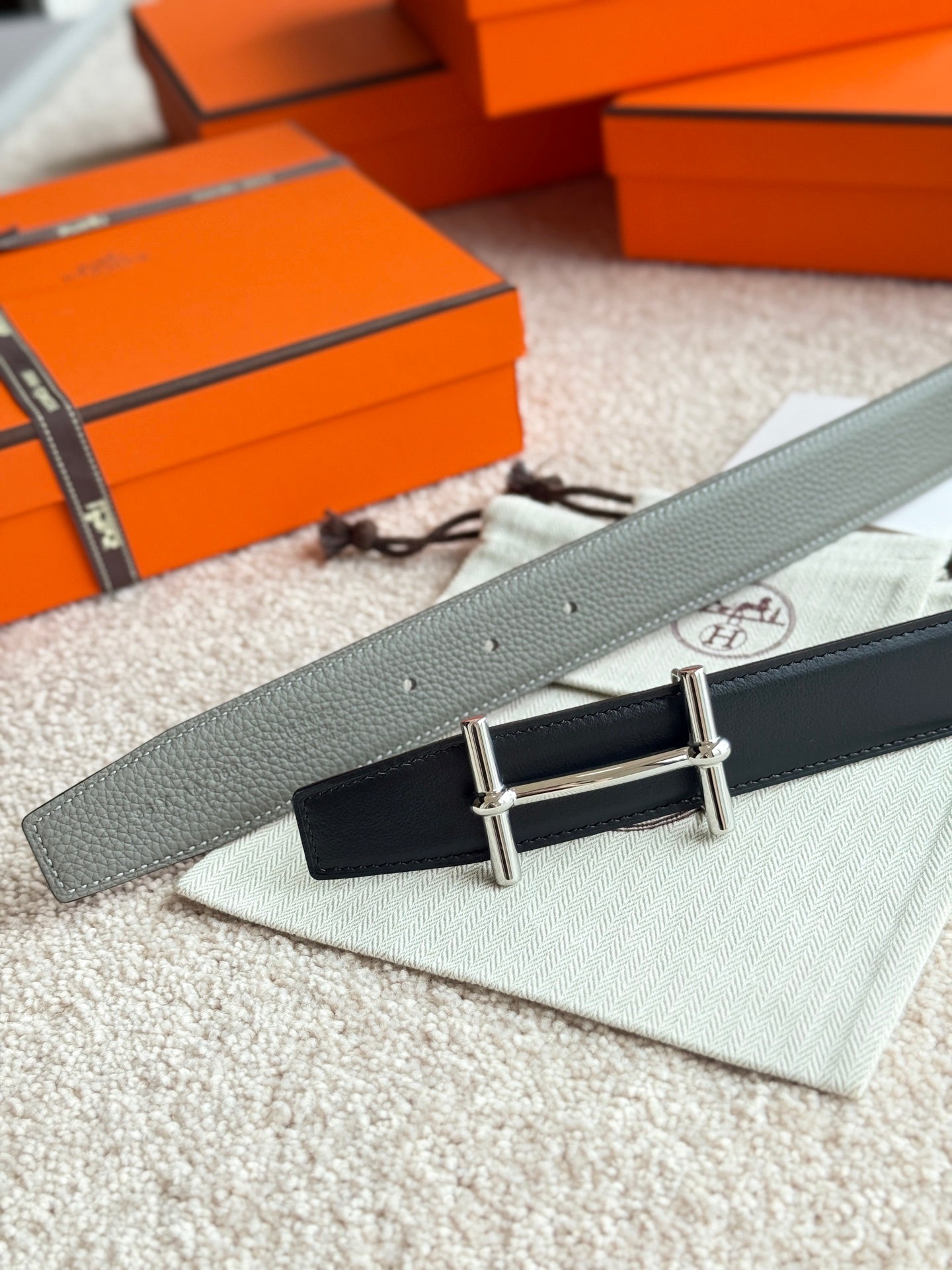HM Silver H d'Ancre Belt Meyer Gray Leather 187775 |Hermès belt