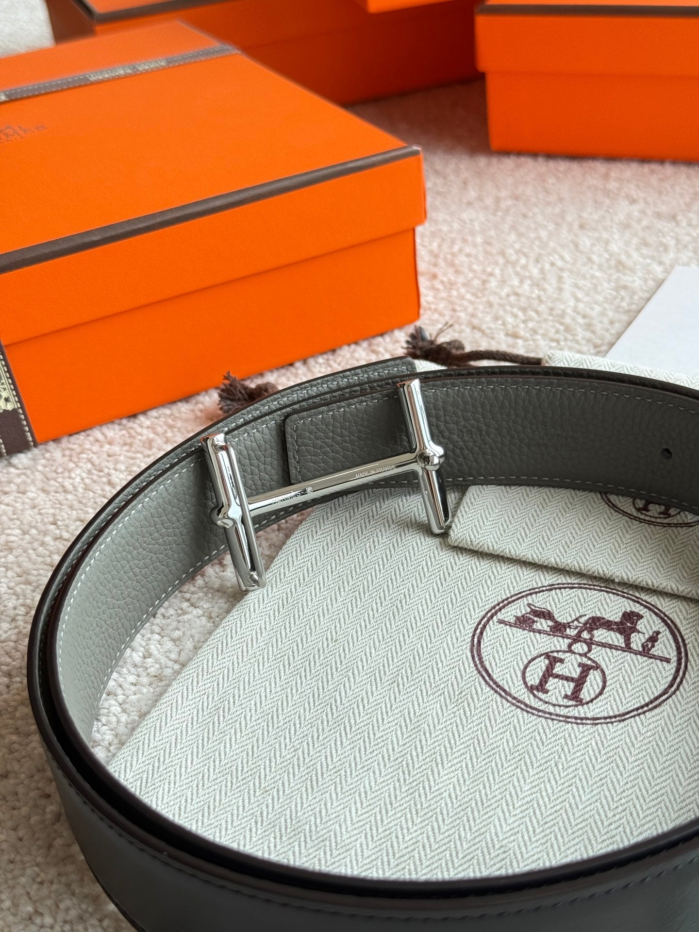 HM Silver H d'Ancre Belt Meyer Gray Leather 187775 |Hermès belt