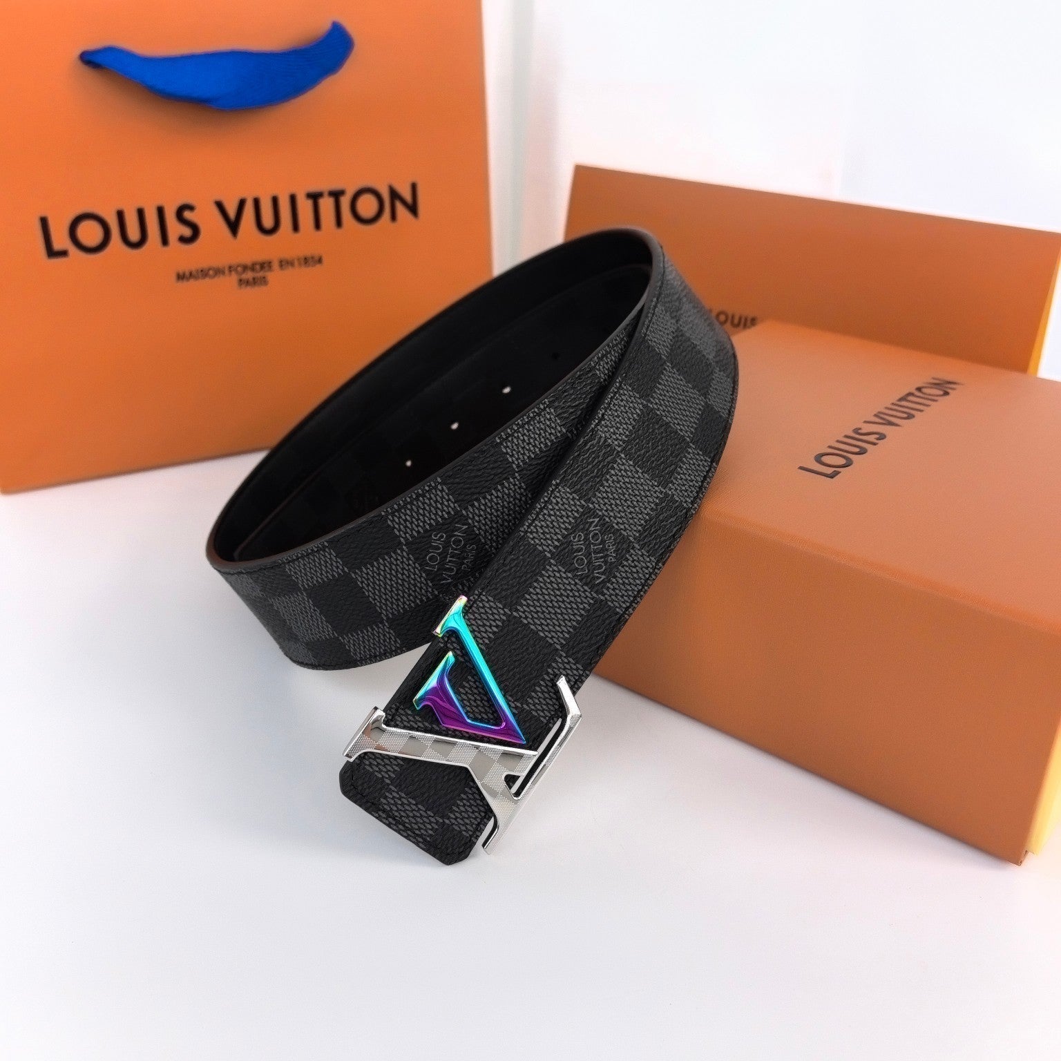 LOUIS VUITTON LV LARGE 40MM PYRAMIDE BELT BLACK DAMIER MONOGRAM CALFSKIN METAL HARDWARE