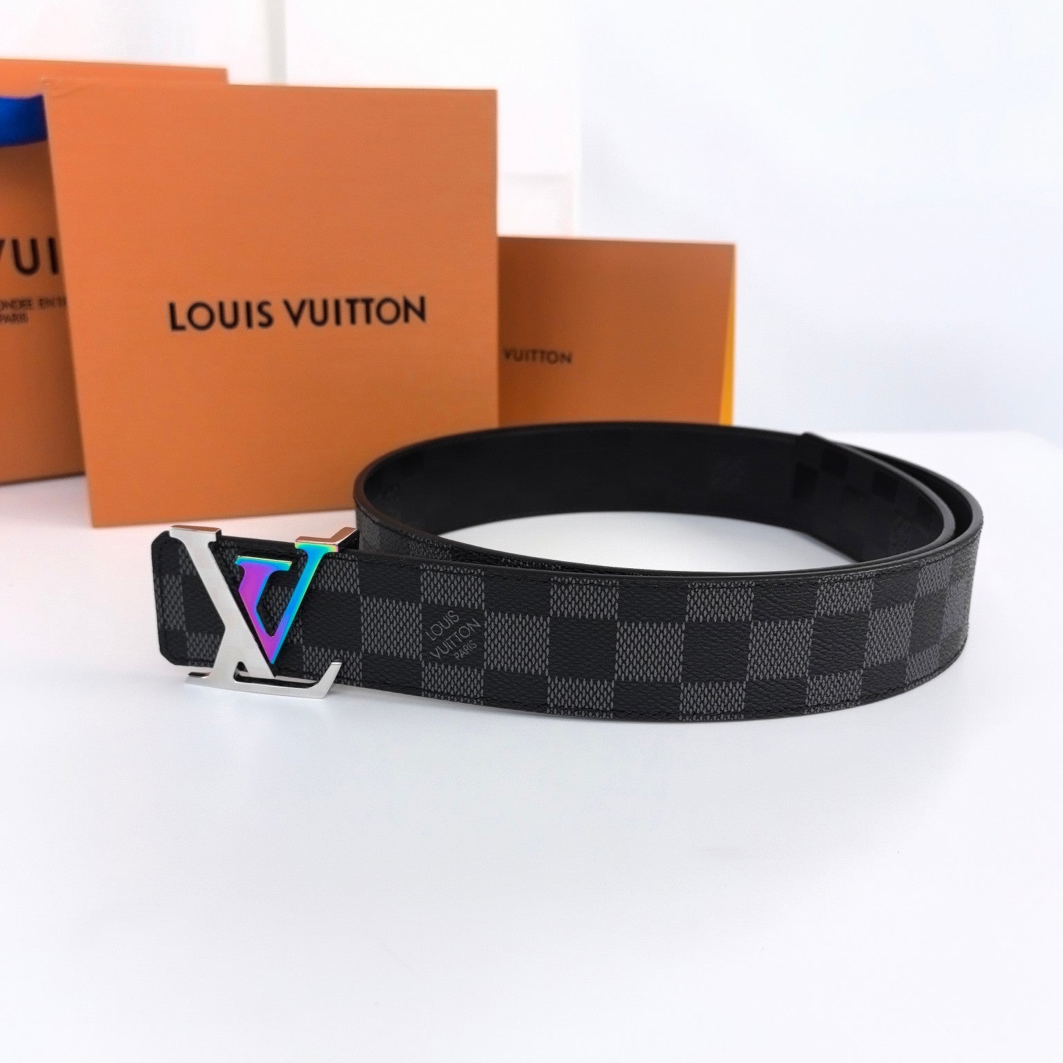 LOUIS VUITTON LV LARGE 40MM PYRAMIDE BELT BLACK DAMIER MONOGRAM CALFSKIN METAL HARDWARE